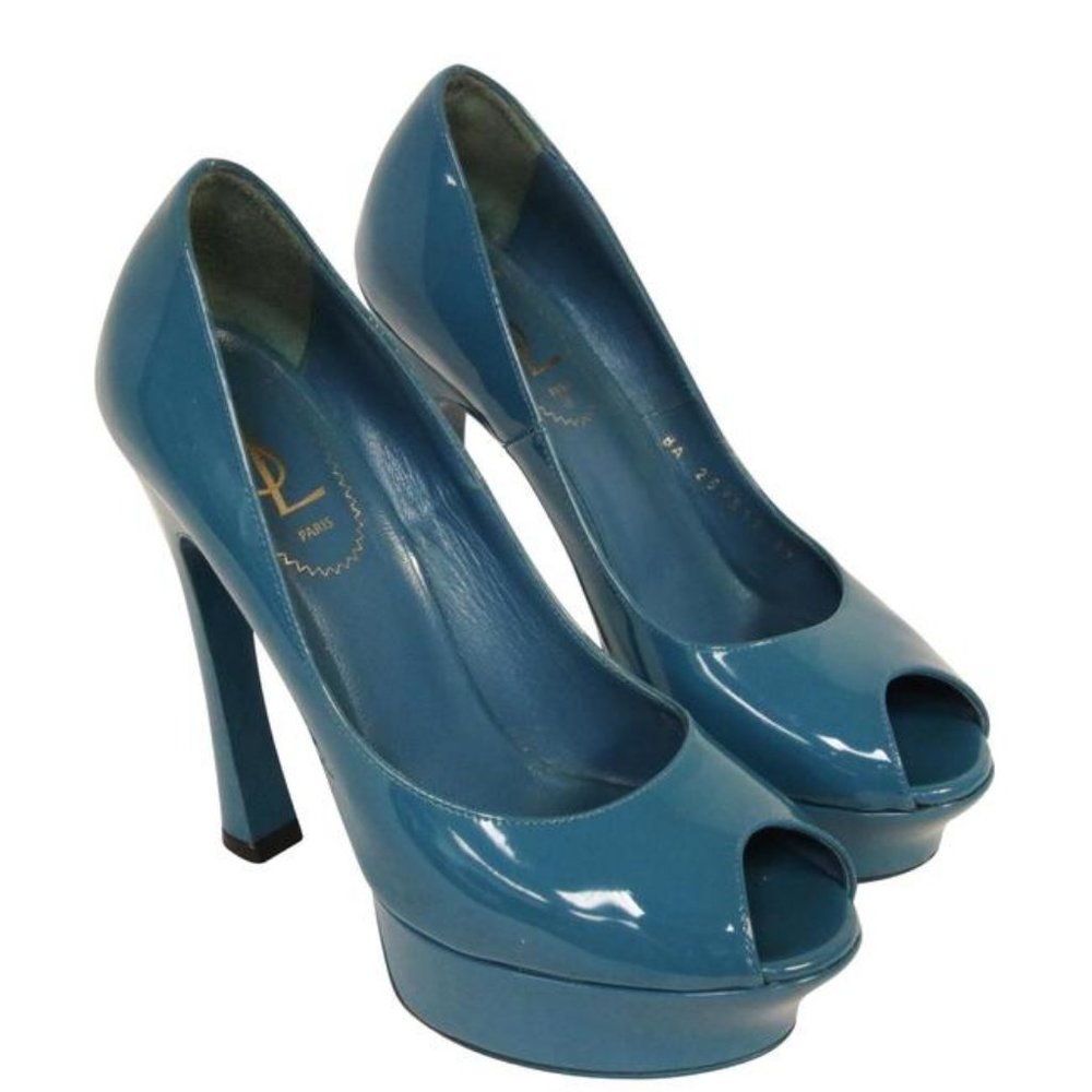Yves Saint Laurent Palais Patent Leather Peep Toe Heels Teal Blue Size 36.5